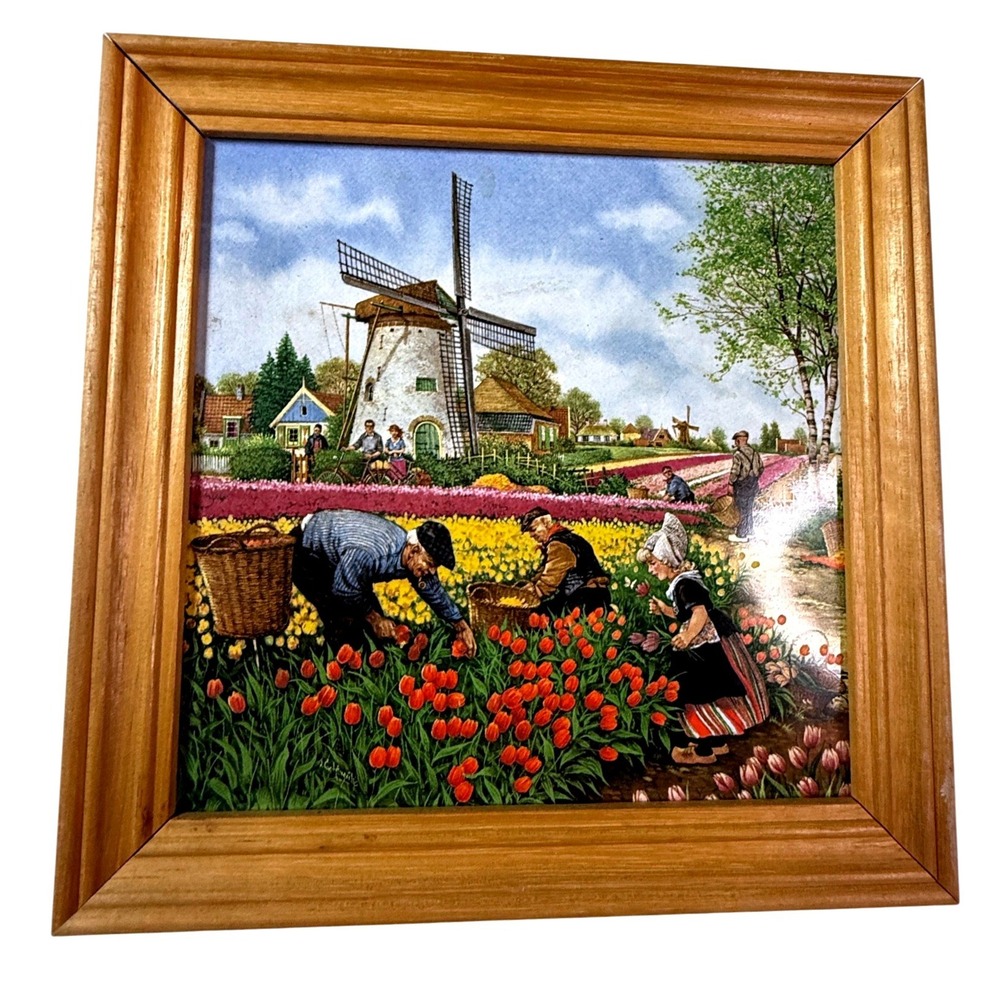 Vintage Royal Mosa Holland Delft Windmill Framed Ceramic Tile Art Wall Decor